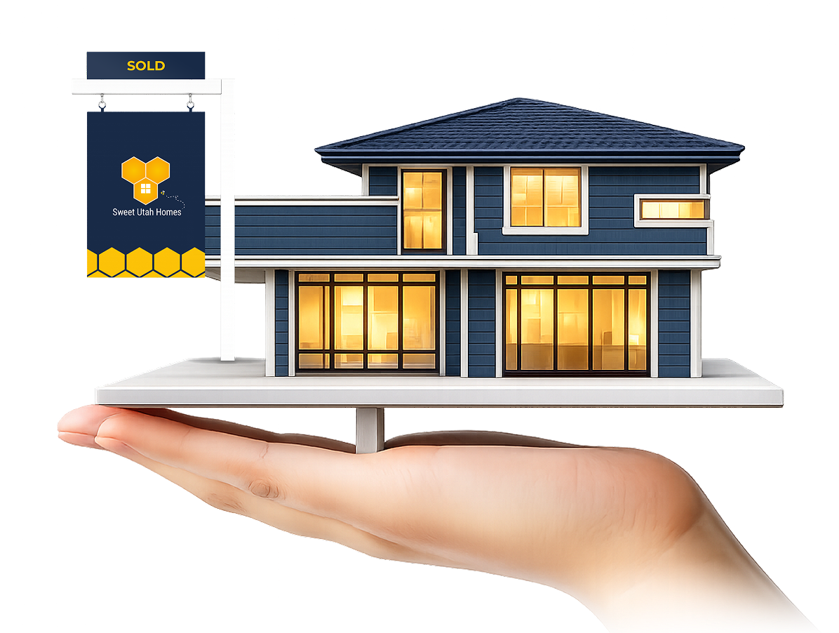 Hand holding a model home with a Sweet Utah Homes sold sign